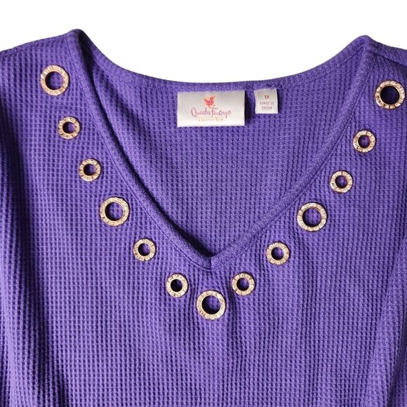 Quacker Factory Shirt Womens Purple Waffle Knit Long Sleeve Rhinestone Rivets 1X - Picture 1 of 9